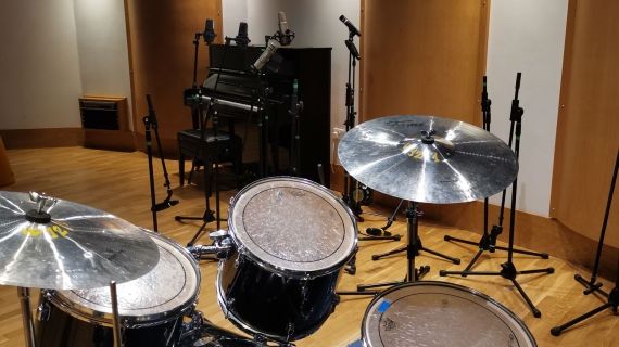 Drum set with cymbals in audio and music studios