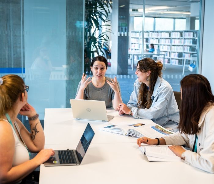 Lecturer and students talking at a table in one of the study rooms in the Library