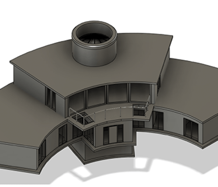 A computerised drawing of a two story building in a semi circle layout