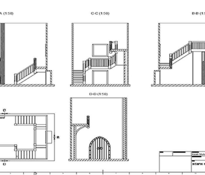 A students' sketchbook with five different drawings on including staircases, front doors and ground floor layouts