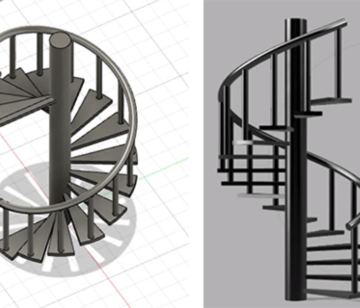 Two computerised sketches of spiral stair cases, one in brown and the other in black side by side.