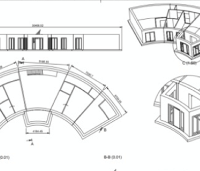 An architects sketch on a two story building which is shaped in a semi circle.