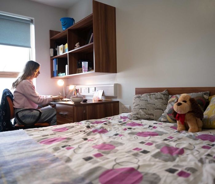 A student sitting at their desk in a Windsor House bedroom