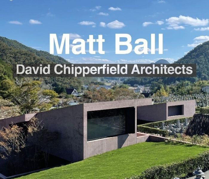 A building built into the mountains with text overlaid which reads: "Matt Ball David Chipperfield Architects".