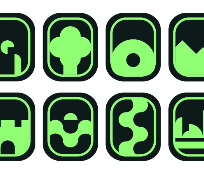 8 different silhouettes of trees, mountains, castles, river and sunset. 