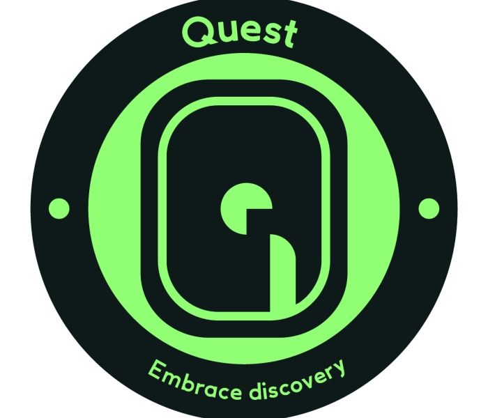 A black and green logo which reads "Quest Embrace Discovery".