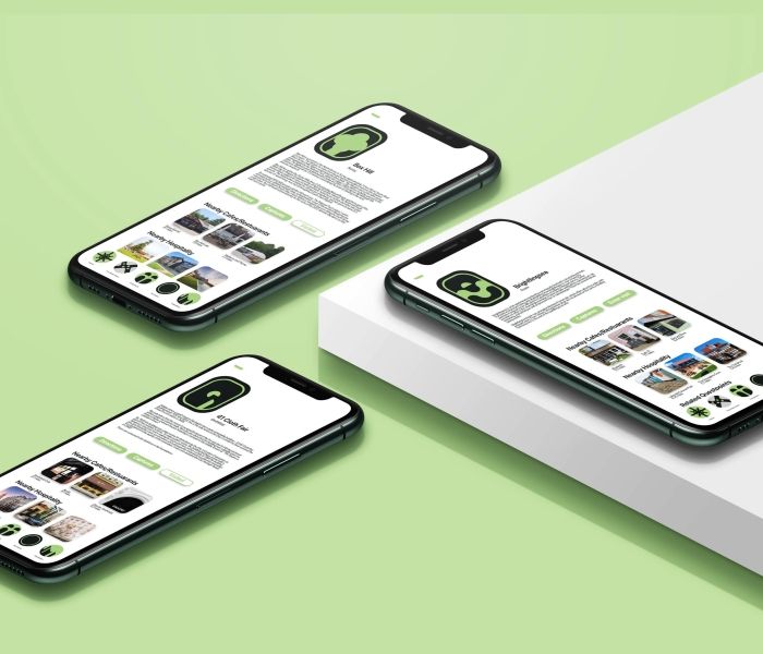 Two phones on a green background and one phone on a white background, all show a screen with an app to download on it.