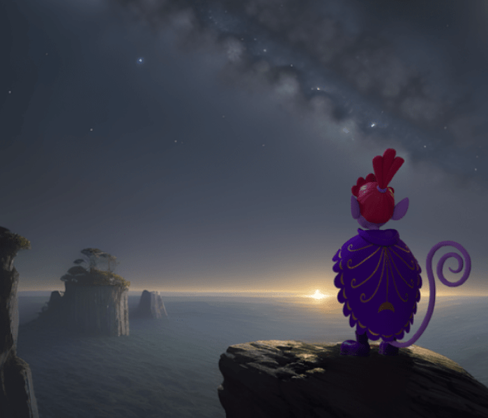 A fictional character stood on a rock overlooking the mountains.