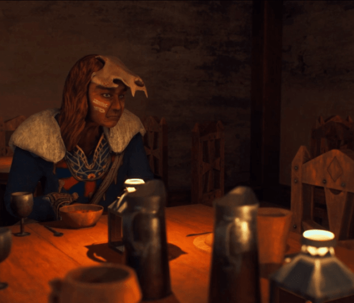 A fictional character sat at a dining table in dim lighting.