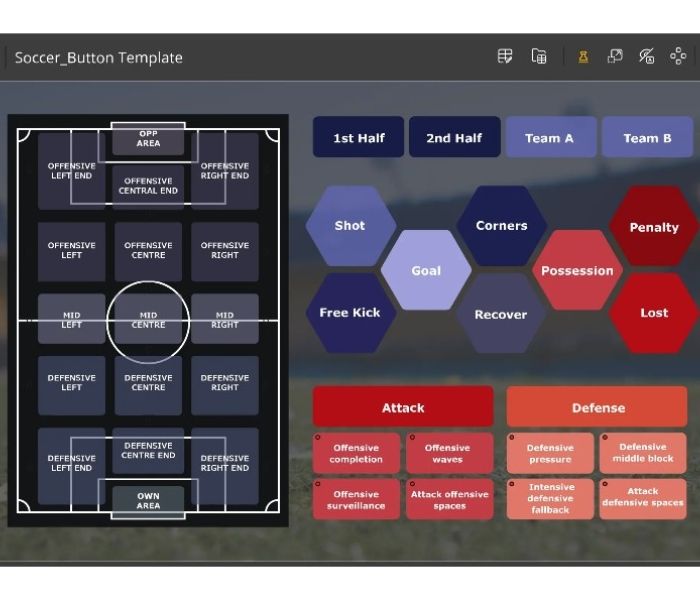 dashboard view of football tactics with a pitch, positions and playstyles