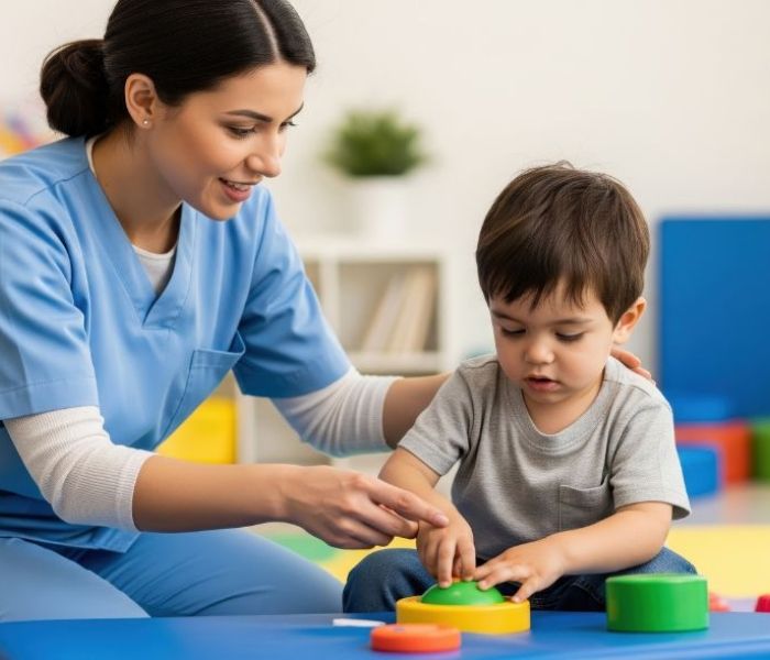 Occupational Therapist supporting a young child through play therapy.