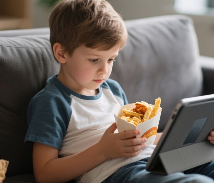 Child using a tablet while eating