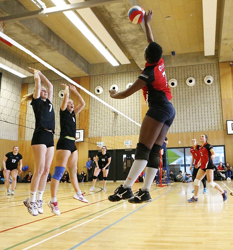 Volleyballer hitting the ball over the net in a mid air photo