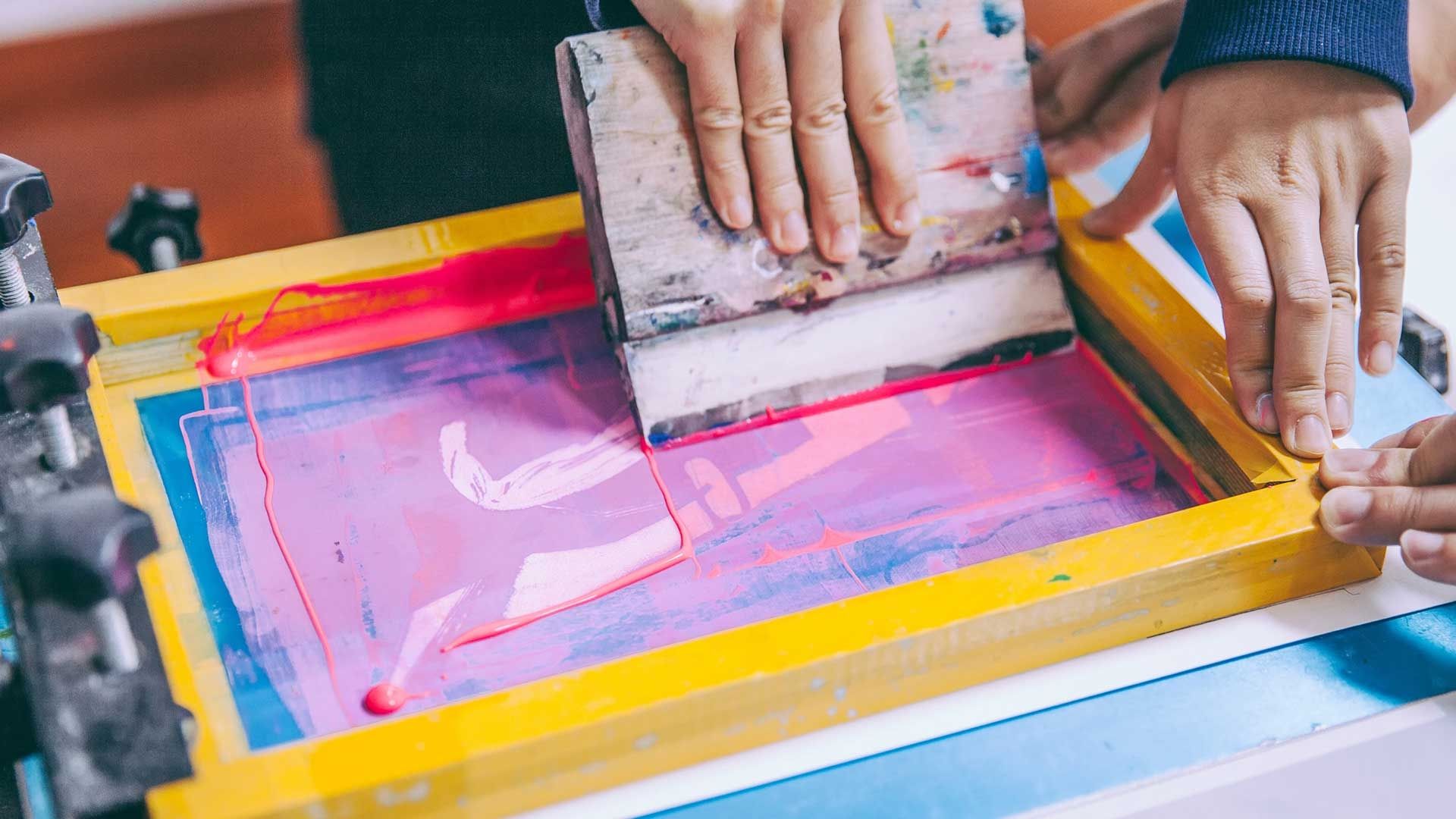 Bright Pink screen printing ink on screen