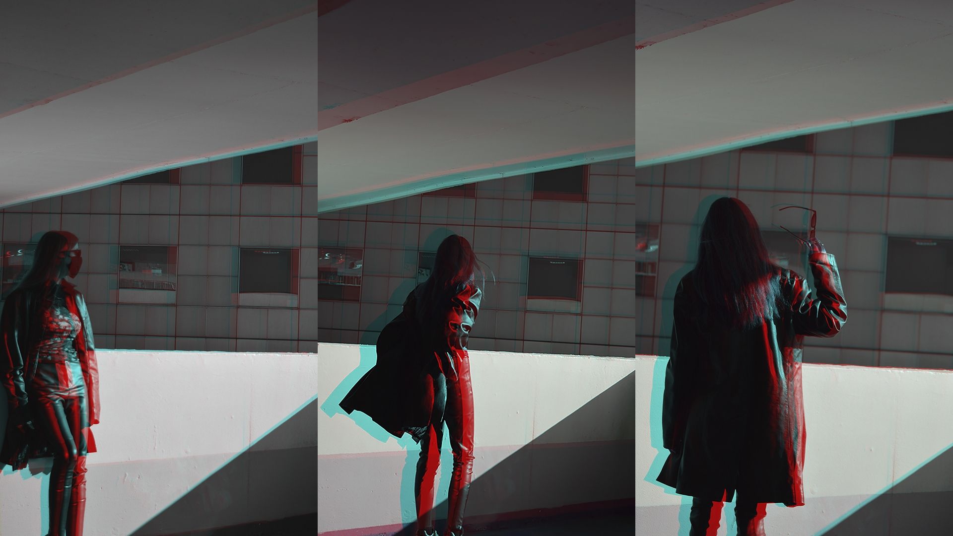 Threre portrait images of a blurred person in a hoodie