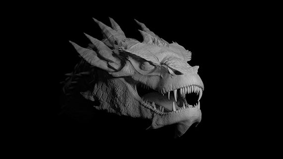 A white sculpture of a dragons skull against a black background