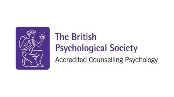 A drawing of a person kneeling with the words; 'The British Psychological Society, Accredited Counselling Psychology' next to it.