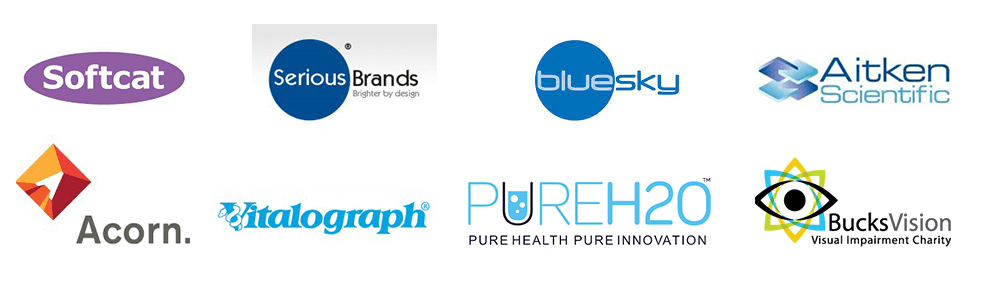 Logos of Softcat; Serious Brands; BlueSky; Aitken; Acorn; Vitalograph; PureH2O; BucksVision.