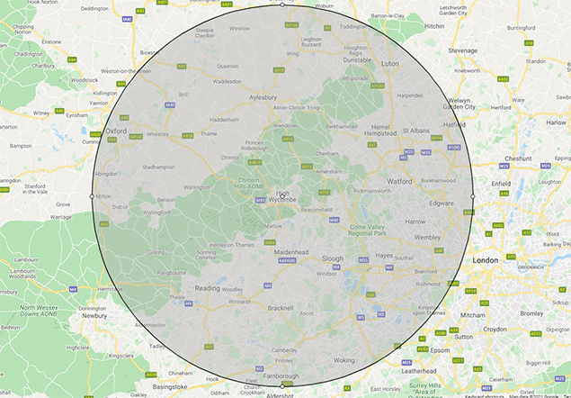 A map of High Wycombe and surrounding towns and cities with a 25 mile radius circle drawn around High Wycombe.