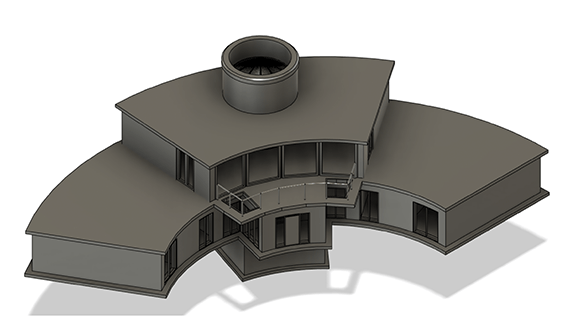 A computerised drawing of a two story building in a semi circle layout