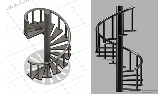 Two computerised sketches of spiral stair cases, one in brown and the other in black side by side.