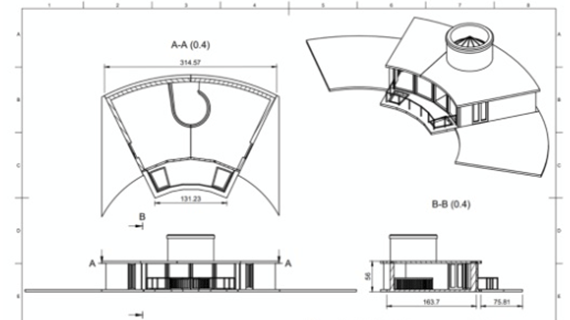 An architects sketch on a two story building which is shaped in a semi circle.