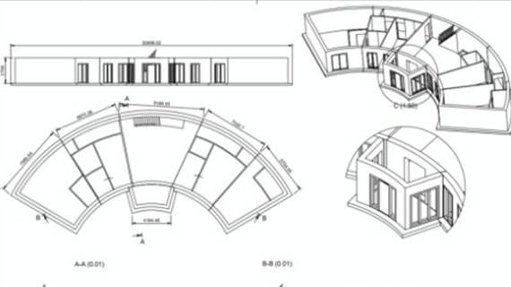 An architects sketch on a two story building which is shaped in a semi circle.