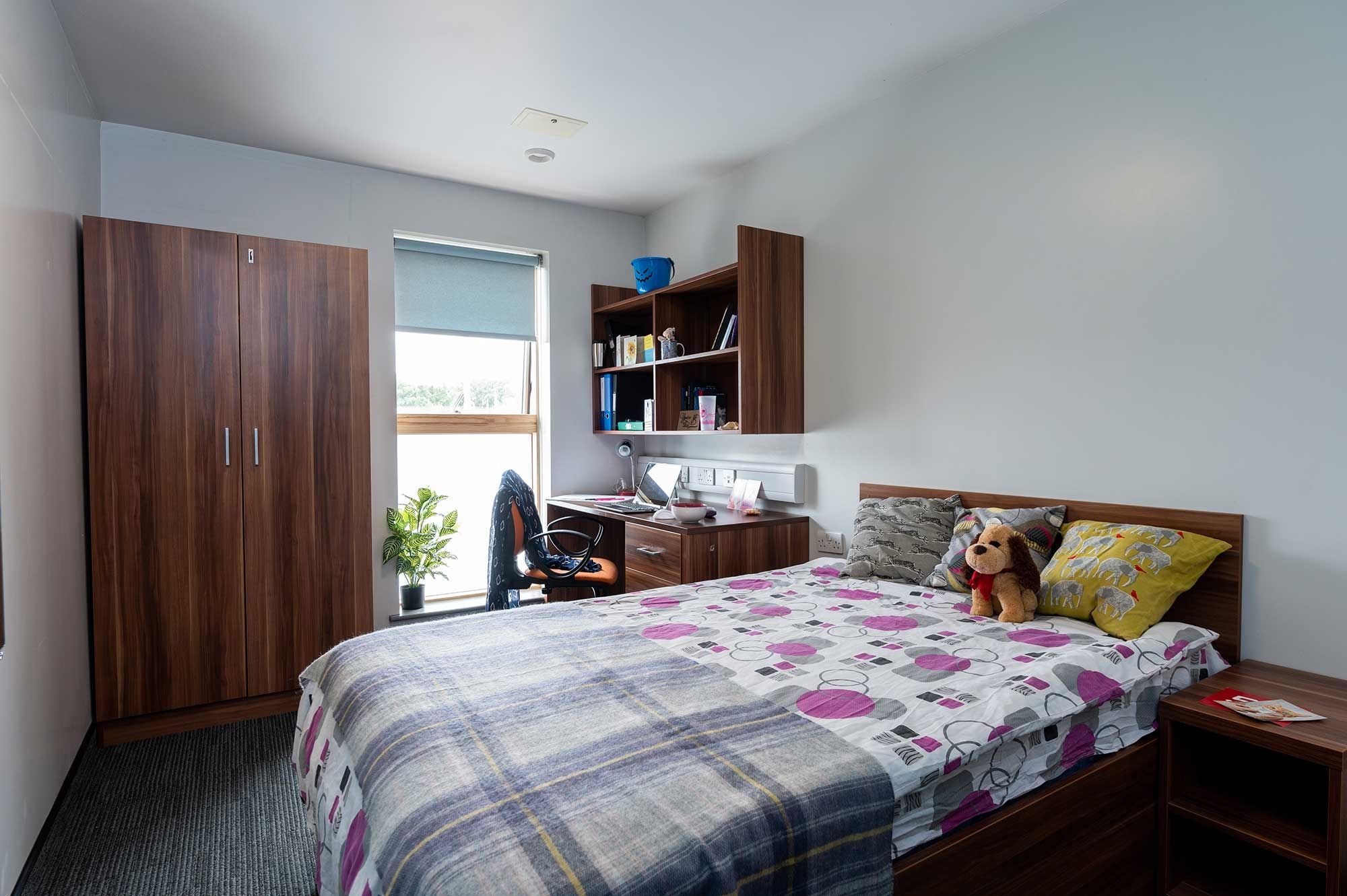 A bed, desk, wardrobe and window in a Windsor House bedroom