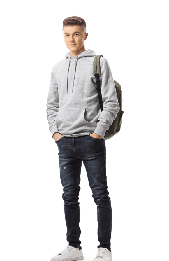 A male student with a backpack over his left shoulder