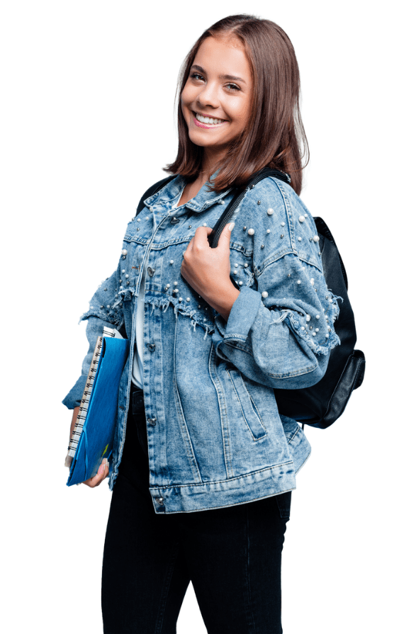 A female student with a backpack standing side on and looking directly into the camera