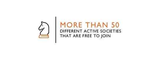 Icon which says 'more than 50 active societies that are free to join'