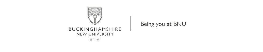 The Buckinghamshire New University logo next to text which reads 'Being you at BNU'