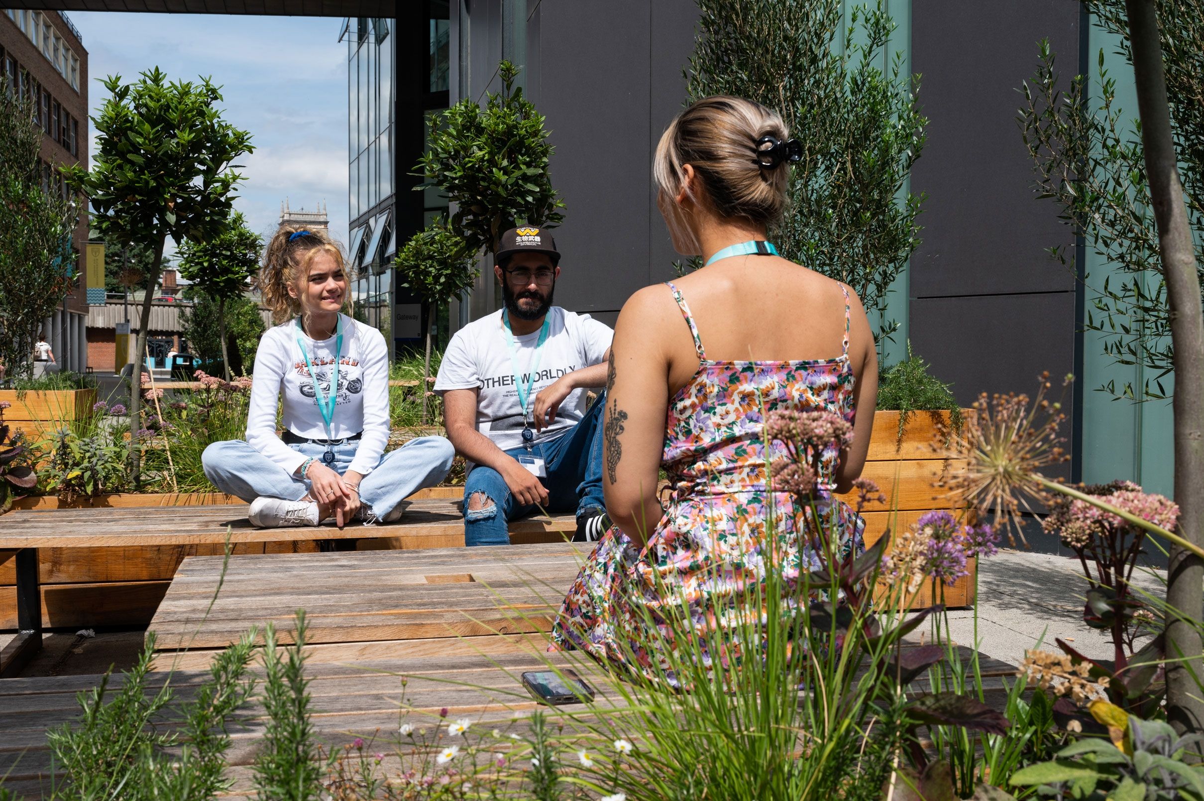 Students on gateway concourse in sunshine