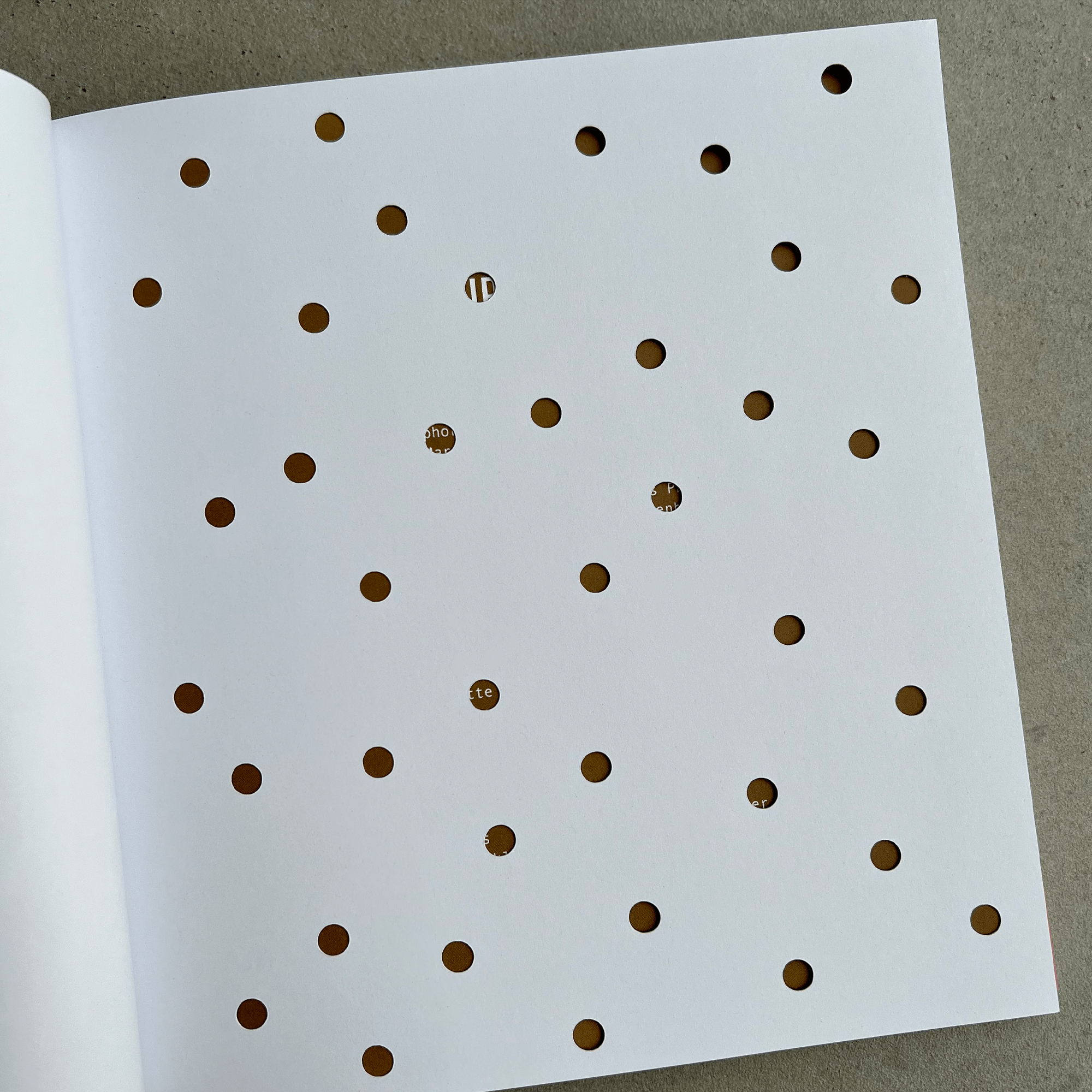 A page in a book which has small circular holes in.