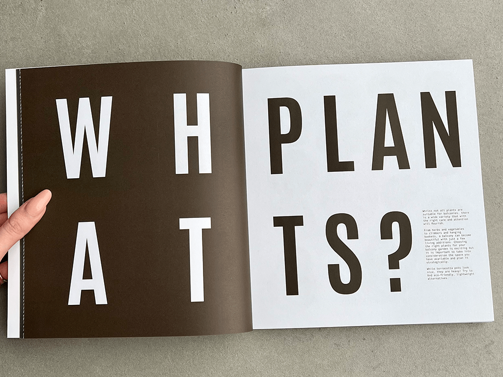 A square book opened which has text on both pages which reads "What Plants?".