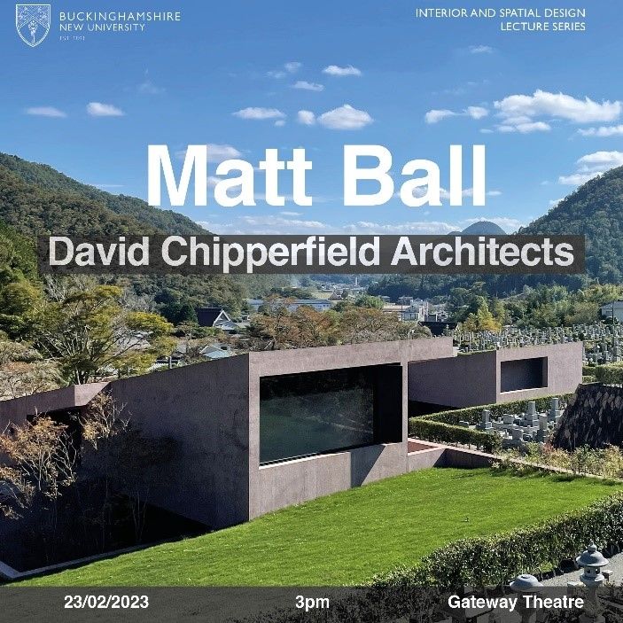 A building built into the mountains with text overlaid which reads: "Matt Ball David Chipperfield Architects".