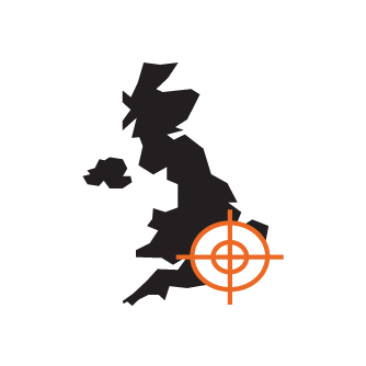An icon of the map of the UK with a target on the South East region.