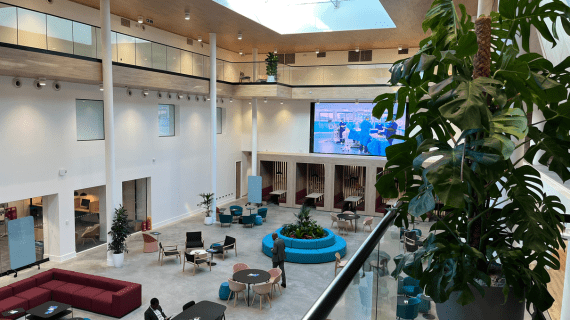 The upper level of Beeches looking down onto the seating area.