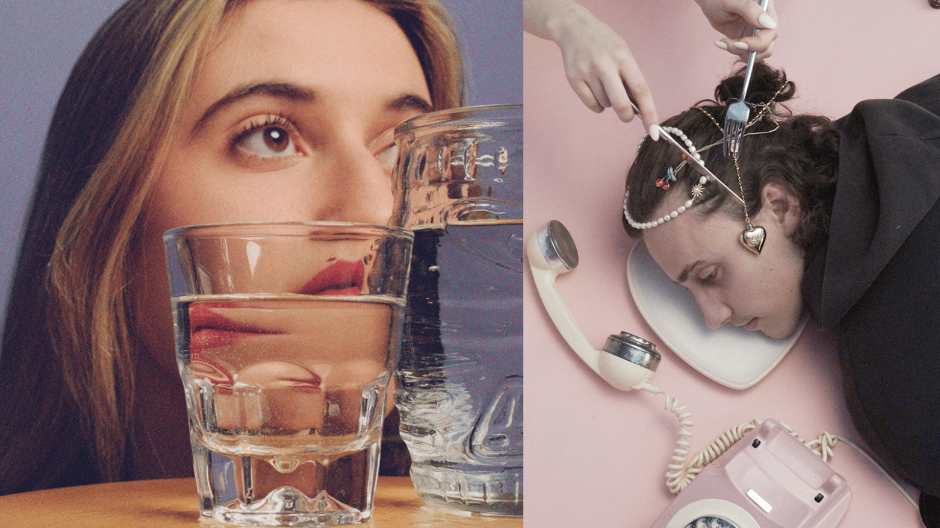 A woman's face in front of a glass next to a face of a student lying down artistically.