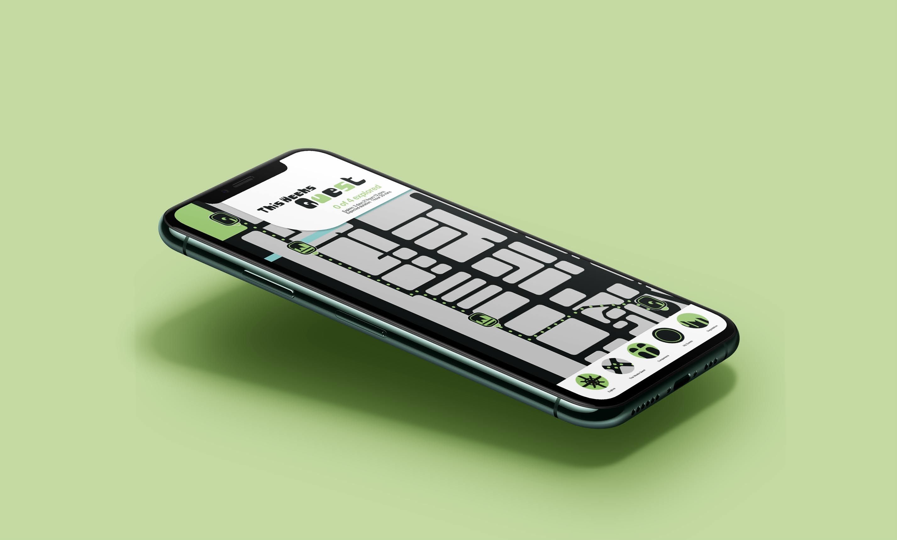 A phone screen which shows a map with the word "Quest"