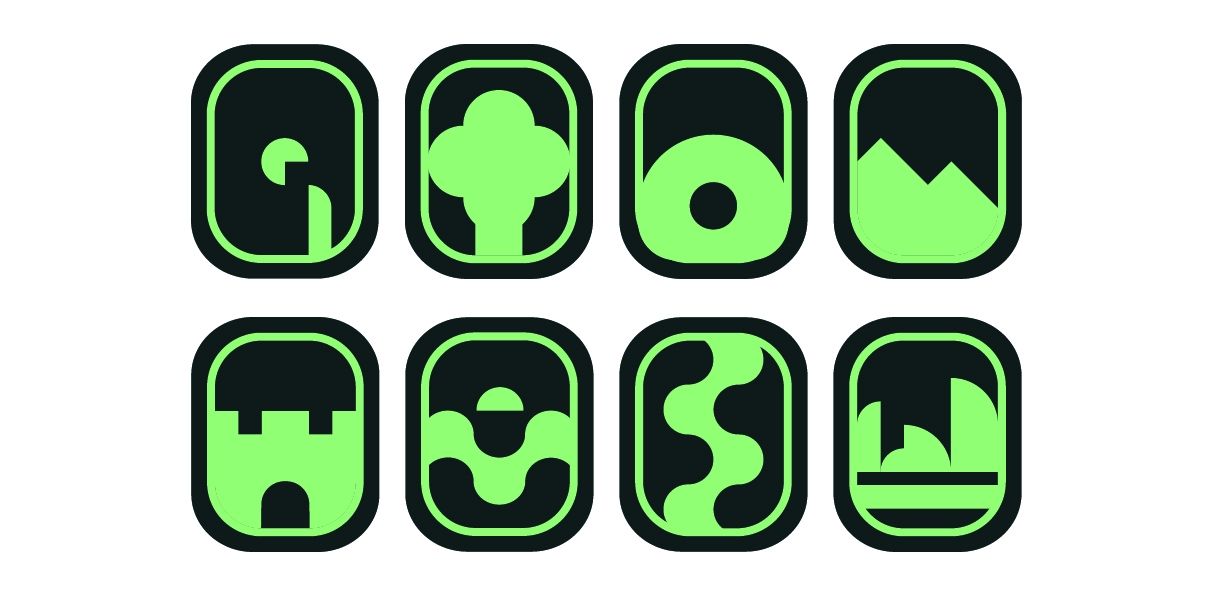 8 different silhouettes of trees, mountains, castles, river and sunset. 