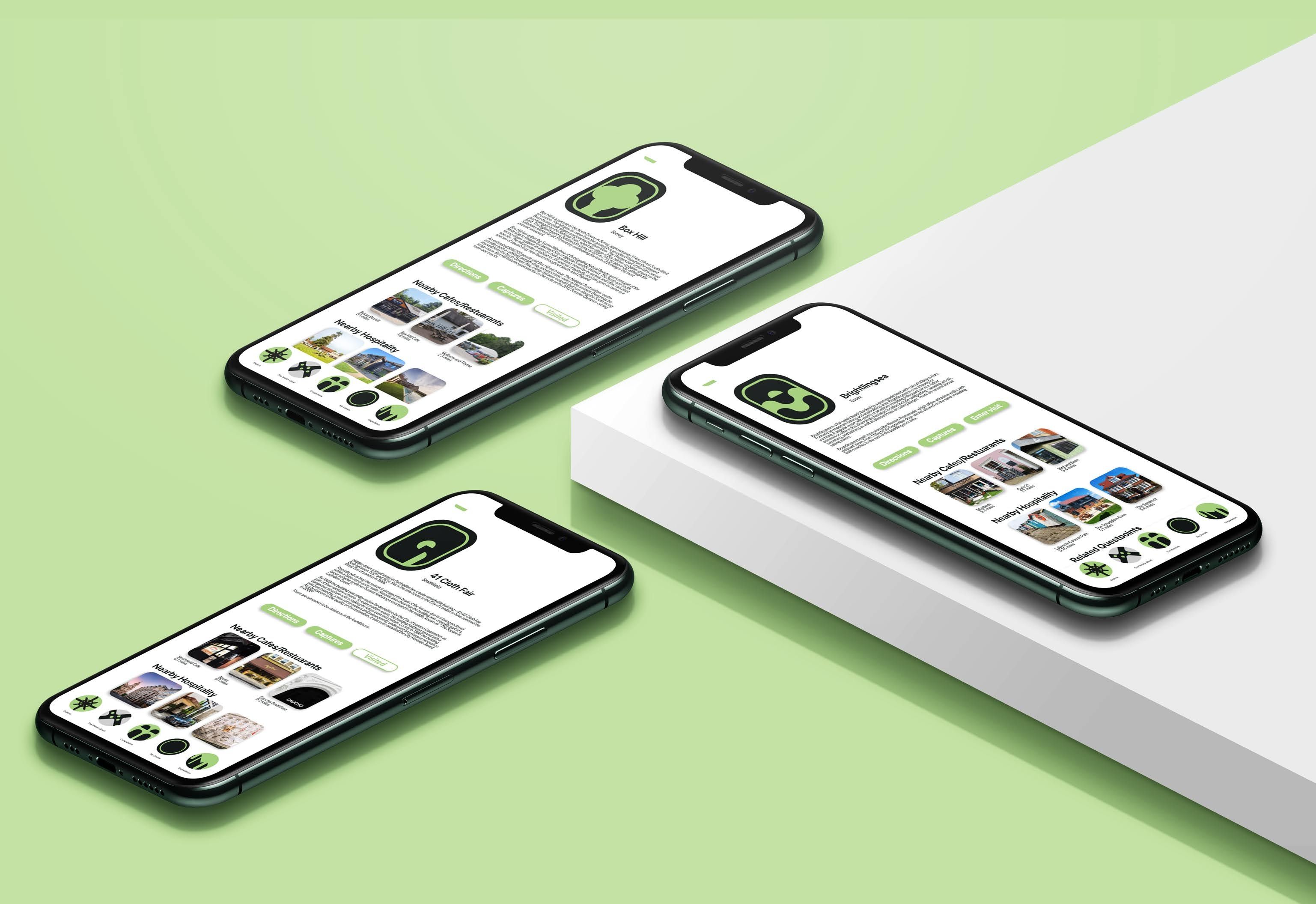 Two phones on a green background and one phone on a white background, all show a screen with an app to download on it.