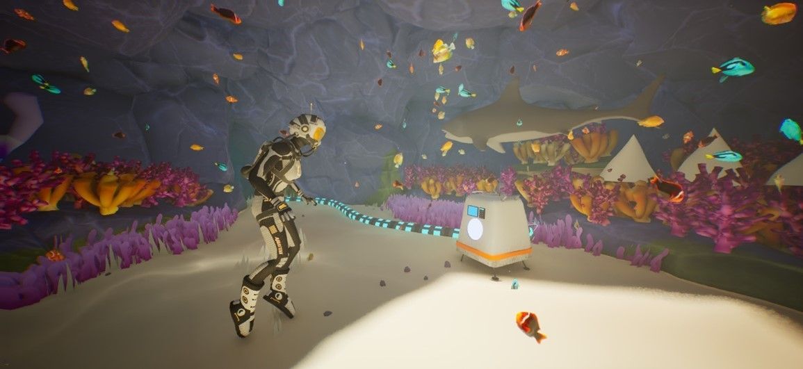 Screenshot from game 'Marine Mechanics' shows character collecting equipment from ocean floor 