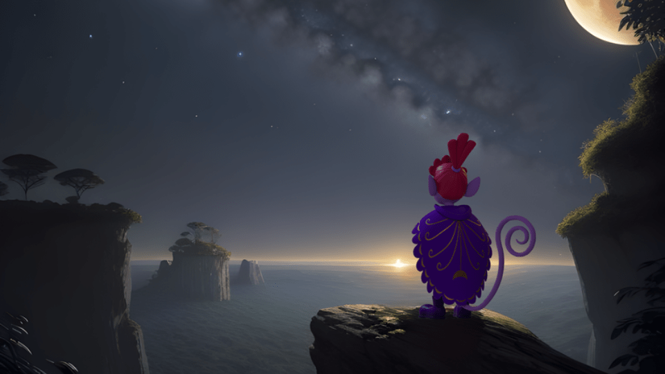 A fictional character stood on a rock overlooking the mountains.