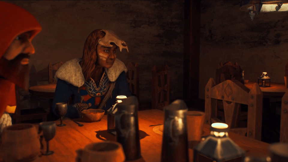 A fictional character sat at a dining table in dim lighting.