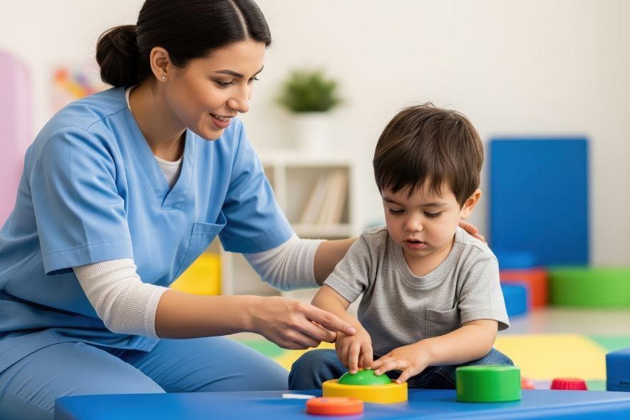 Occupational Therapist supporting a young child through play therapy.