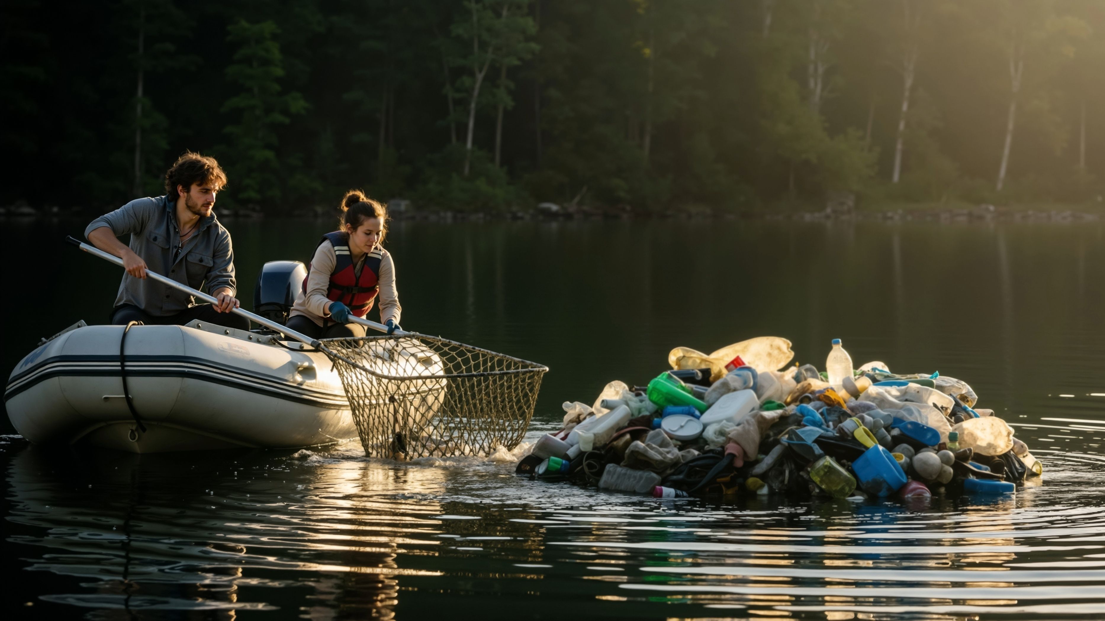 People on a boat removing waste from the water