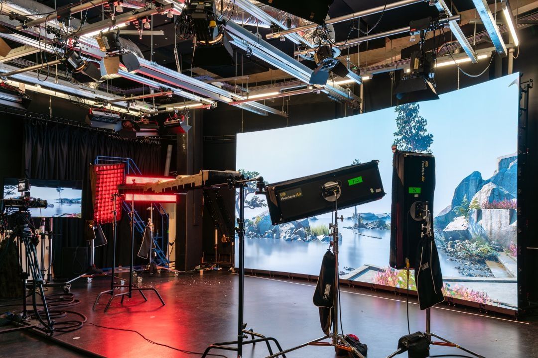 Film and TV Studio with an LED Wall and cameras on.